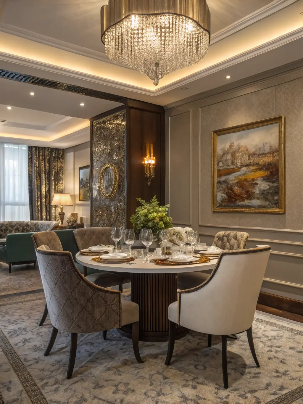 A luxurious dining area with a statement chandelier, marble table, and artistic wall accents, highlighting custom decor and high-end finishes in a Heliora Studios project.