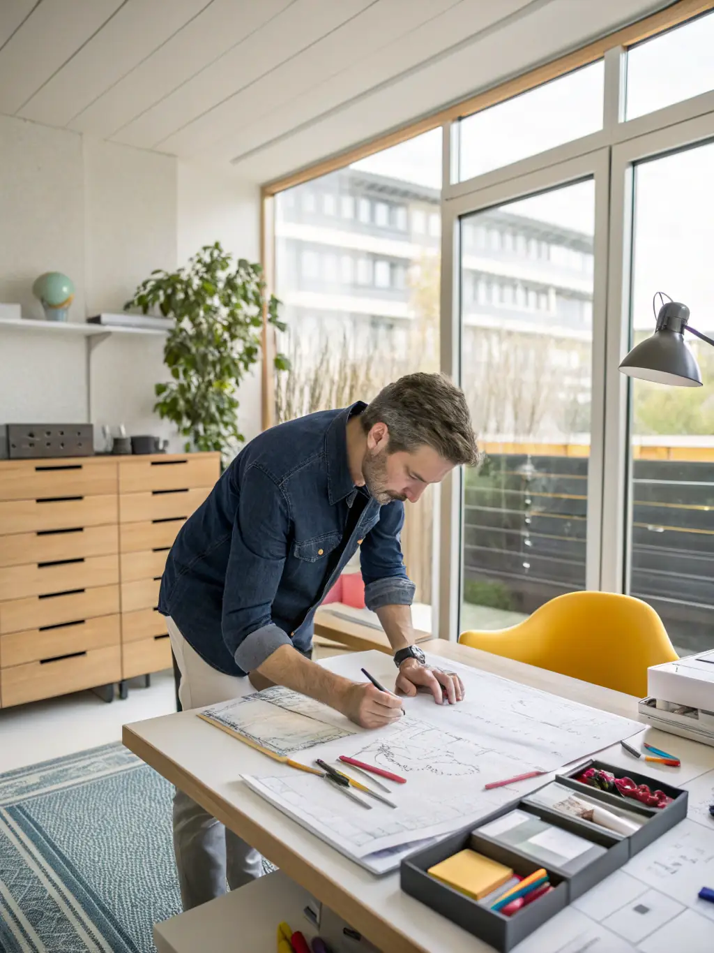 A close-up of a designer sketching custom furniture and unique decorative elements, illustrating Heliora Studios' bespoke interior solutions process.