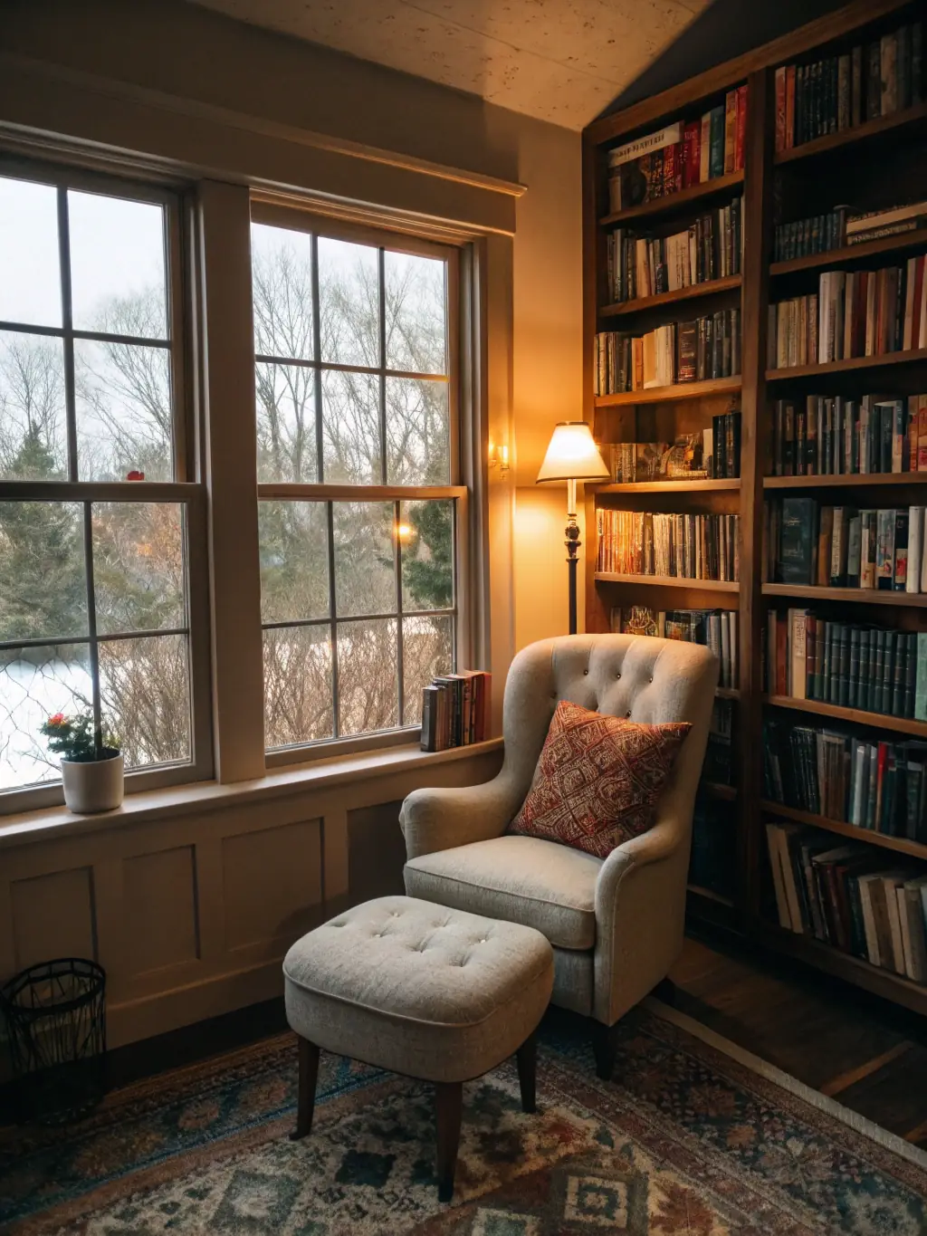 A cozy reading nook featuring built-in shelving, layered lighting, and plush seating, showcasing a creative use of space and custom carpentry by Heliora Studios.
