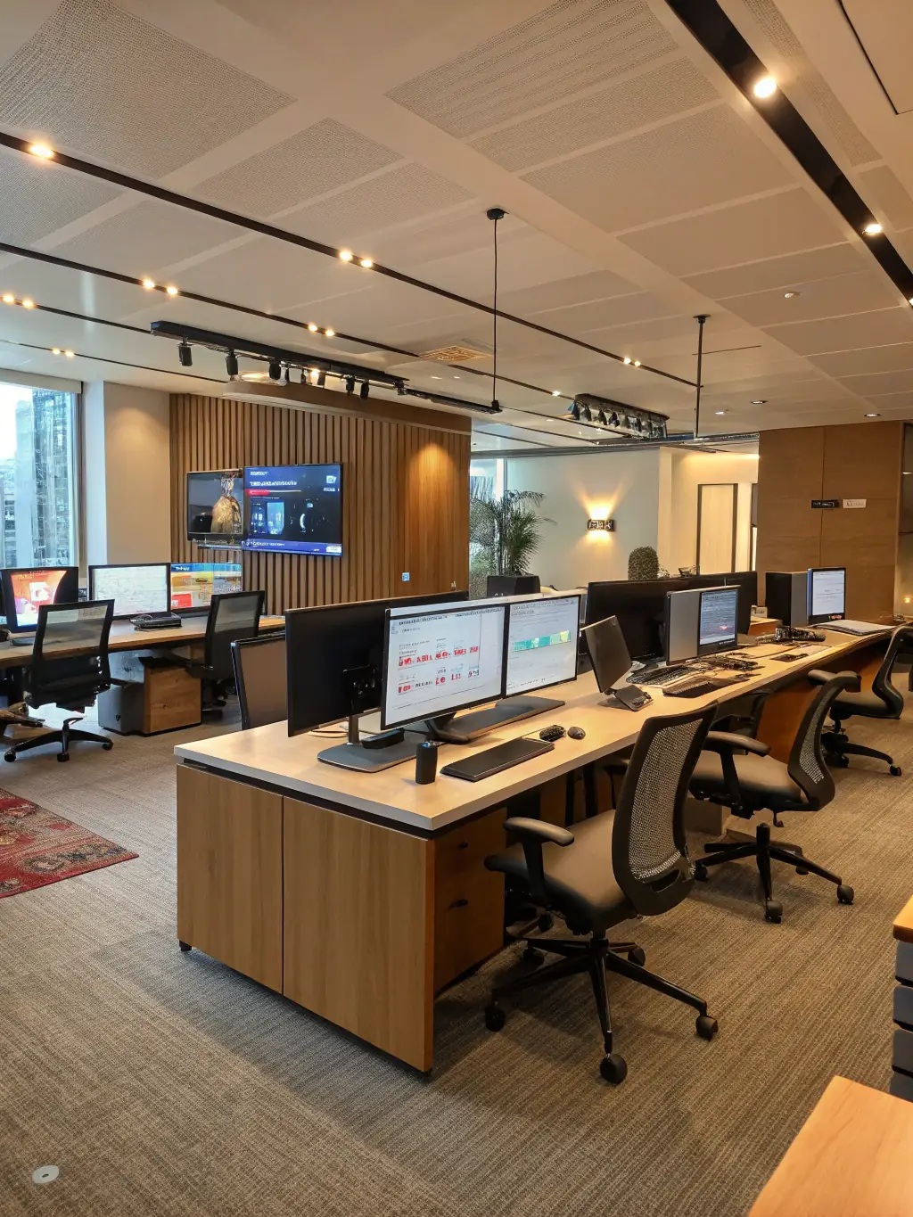 A modern, open-plan office space with collaborative workstations, branded accents, and innovative lighting, showcasing Heliora Studios' commercial design capabilities.
