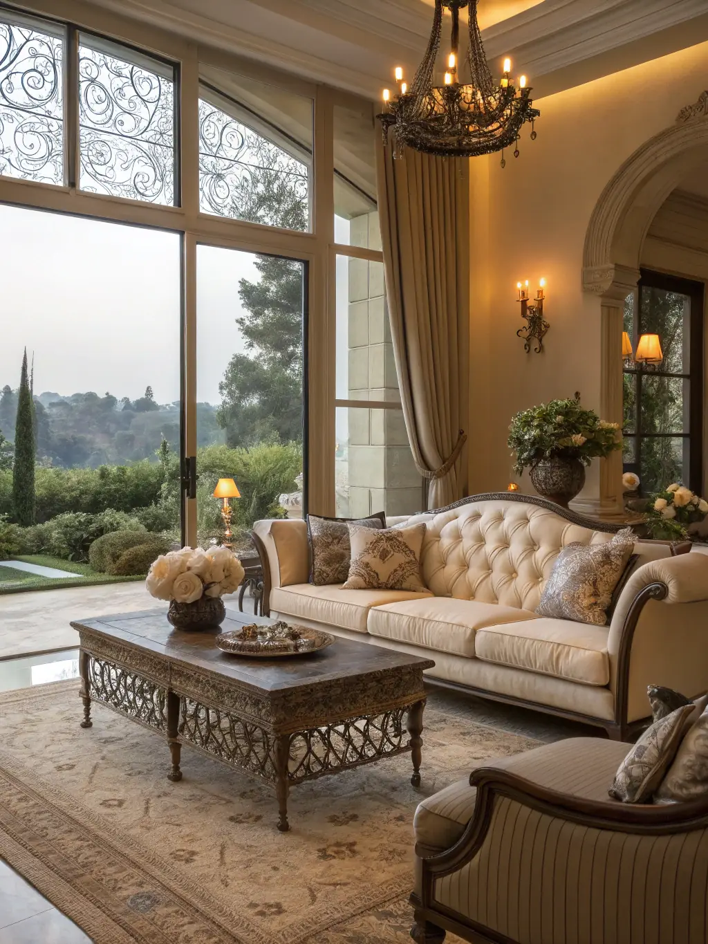 A sunlit, elegantly furnished living room with bespoke furniture, soft neutral tones, and curated decor, reflecting a luxurious yet comfortable residential interior designed by Heliora Studios.